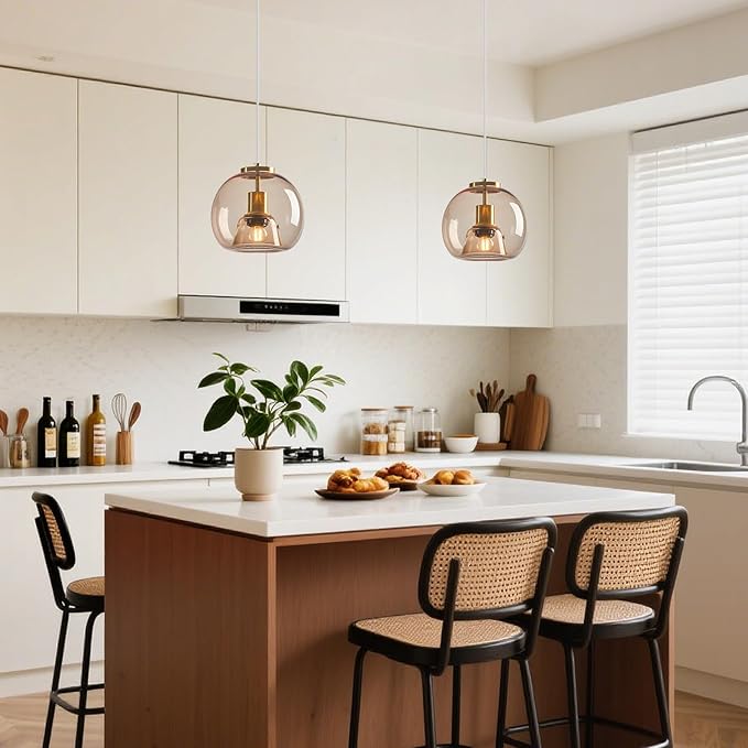 Light Coffee Glass Pendant Lights Kitchen Island Gold Hanging Light Fixture Glass Globe Pendant Light Modern Pendant Lighting for Kitchen Island Bedroom Dining Room (7.87", 2 Pack)