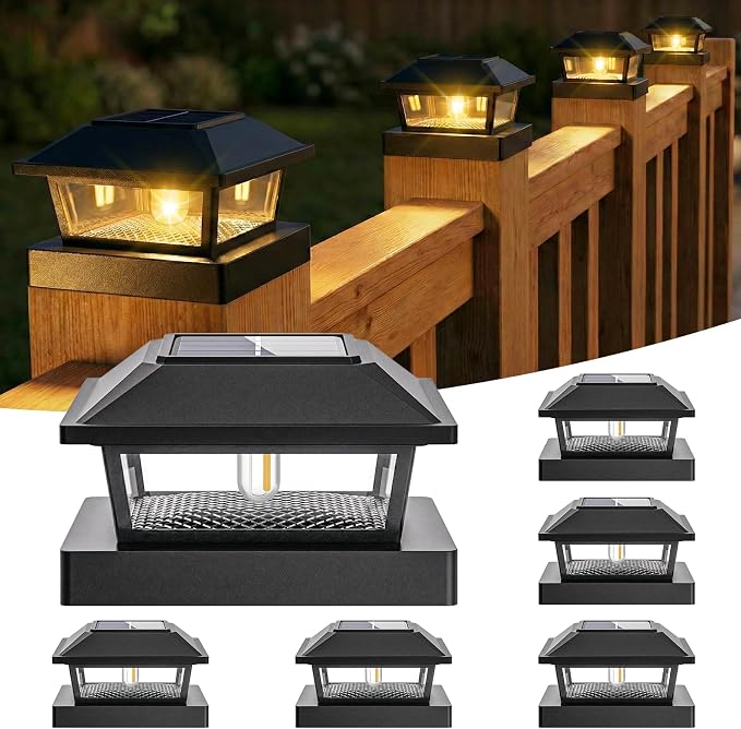 btfarm 4x4 Solar Post Cap Lights, 6 Pack Fence Deck Post Lights Outdoor Solar Powered Waterproof with Edison LED Bulb, Fits 4x4, 3.5x3.5 Wooden & Vinyl Posts for Porch Patio Yard(Warm White, Black)