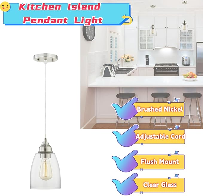 WISBEAM Brushed Nickel Pendant Lighting Fixture, Kitchen Island Hanging Lights with E26 Medium Base Max. 60 Watts, ETL Rated, Bulbs not Included, 2-Pack