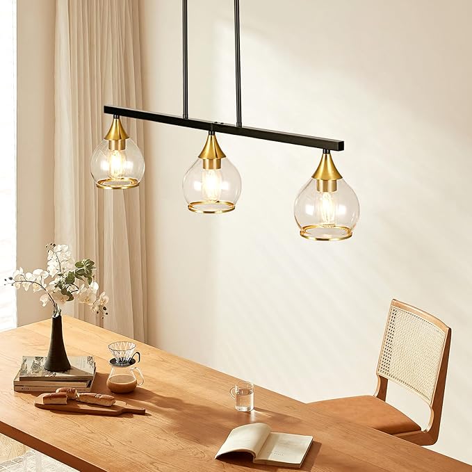 Island Light for Kitchen, 3-Light Black and Gold Kitchen Island Farmhouse Linear Hanging Pendant Chandeliers, Matte Black Dining Room Light Fixture Over Table with Clear Round Glass Shades
