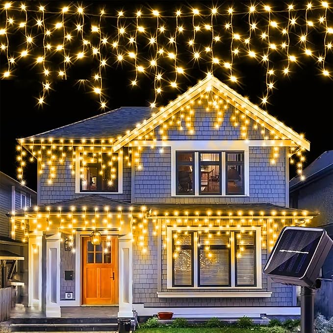 Sherno 1Pcs LED Solar String Lights, 8 Modes Icicle Curtain Lights, Outdoor Fairy Lights for Christmas, Garden, Party Decoration (Warm White, 137.8inch 96LEDs)