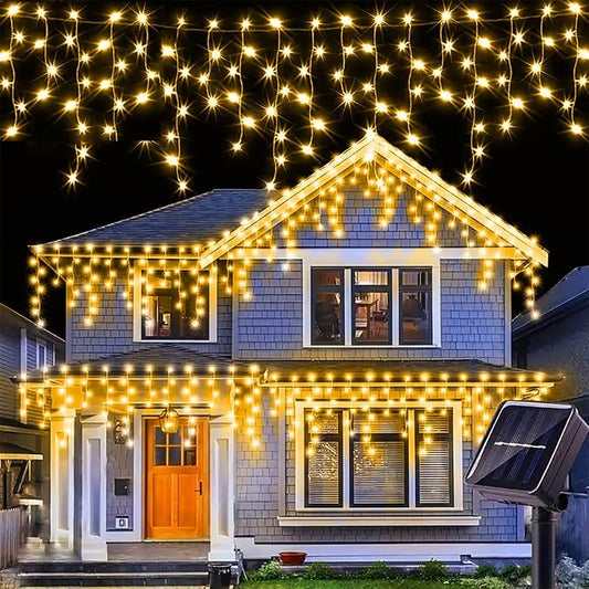 Sherno 1Pcs LED Solar String Lights, 8 Modes Icicle Curtain Lights, Outdoor Fairy Lights for Christmas, Garden, Party Decoration (Warm White, 137.8inch 96LEDs)