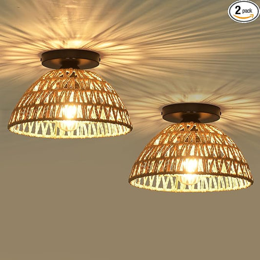 2 Pack 10.2" H Farmhouse Fixtures Ceiling Mount, Brown Rattan Boho Semi Flush Mount Ceiling Light,Hand Woven Hallway Light Fixtures for Bedroom Entryway