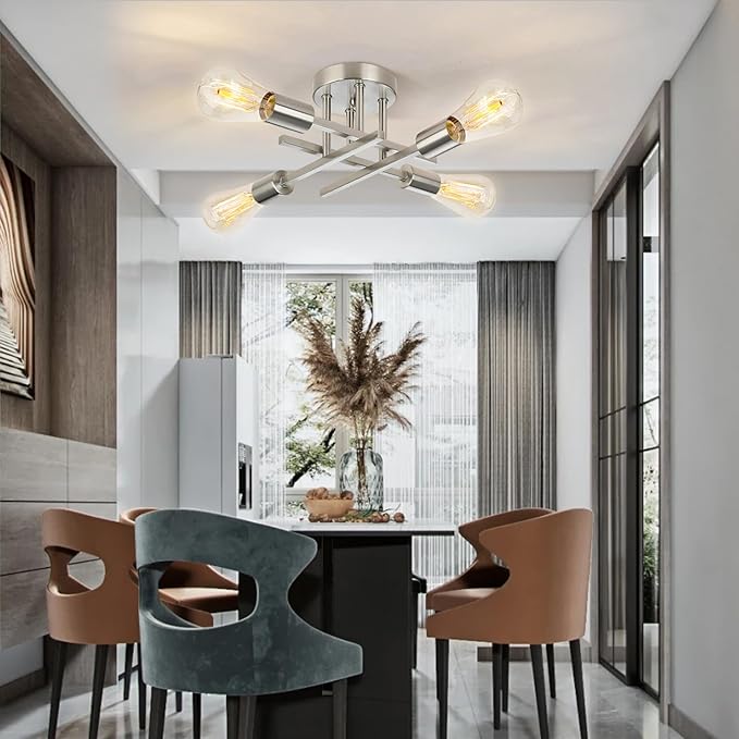 Ceiling Light, Dining Room Light Fixture with E26 Base, Semi Flush Mount Ceiling Light Fixture, Kitchen Lighting Fixtures Ceiling, 4-Light Matte Nickle Chandelier for Bedroom