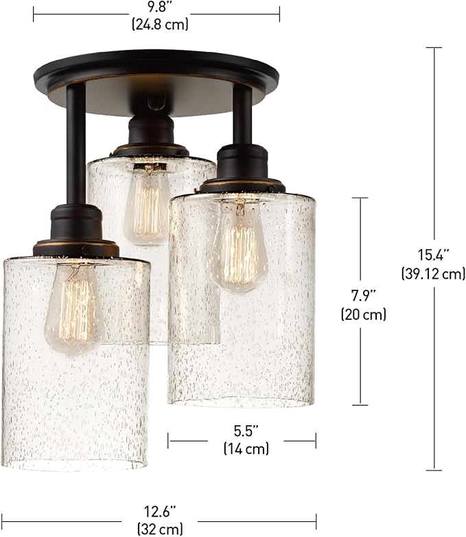 Globe Electric 65904 3-Light Bronze Semi-Flush Mount Ceiling Light Fixture with Seeded Glass Shades, Ideal for Kitchen, Bathroom, Bedroom, Closet Light, Home Essentials, LED Bulbs Compatible