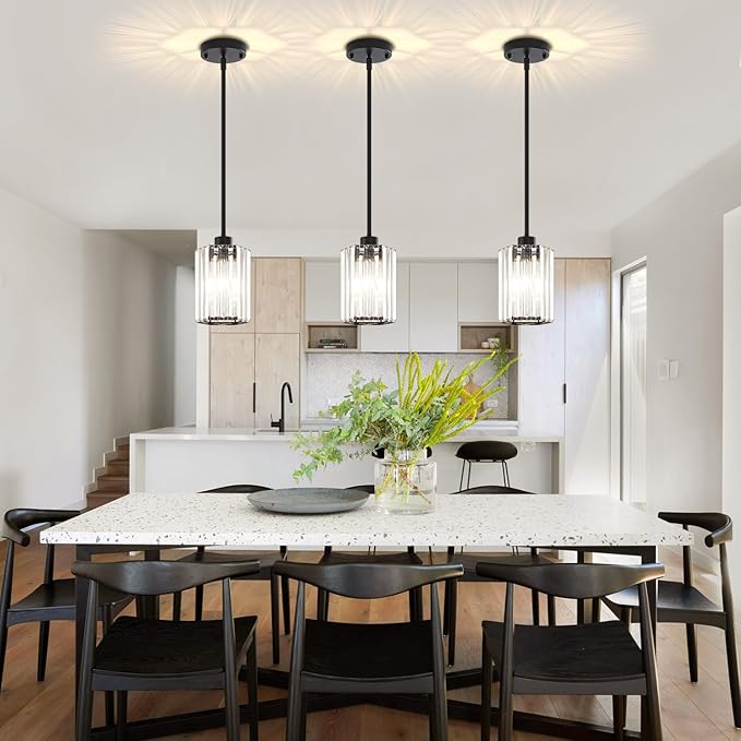 2-Pack Black Pendant Lights Kitchen Island Modern Crystal Hanging Pendant Light Hexagonal Mini Chandelier Adjustable Hanging Kitchen Lights for Dining Room Hallway Bedroom Entryway Light Fixtures
