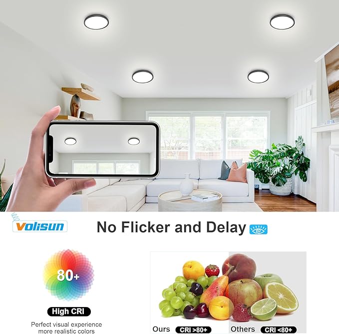 VOLISUN 8Pack 5CCT LED Flush Mount Ceiling Light, 7 inch Dimmable Ultra-Thin LED Ceiling Light Fixture, 3000K-6500K Selectable, 15W LED Ceiling Lights for Bedroom, Kitchen, Closet and Hallway (Black)