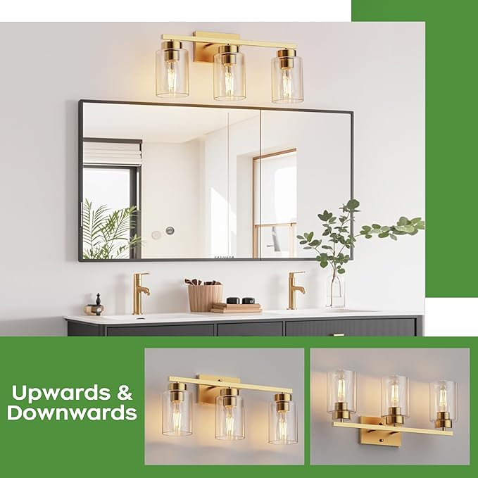 PARTPHONER 3-Light Bathroom Light Fixtures, Brushed Gold Vanity Light with Clear Glass Shade, Modern Wall Sconce for Mirror Bedroom Living Room Hallway Lighting