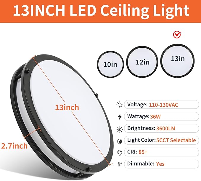 13Inch 36W Ceiling Light Fixture, 5CCT Adjustable 2700K 3000K 4000K 5000K 6500KLED Flush Mount Ceiling Mount Light, Dimmable Close to Ceiling Lighting for Bathroom Kitchen Stairwell Bedroom, Black