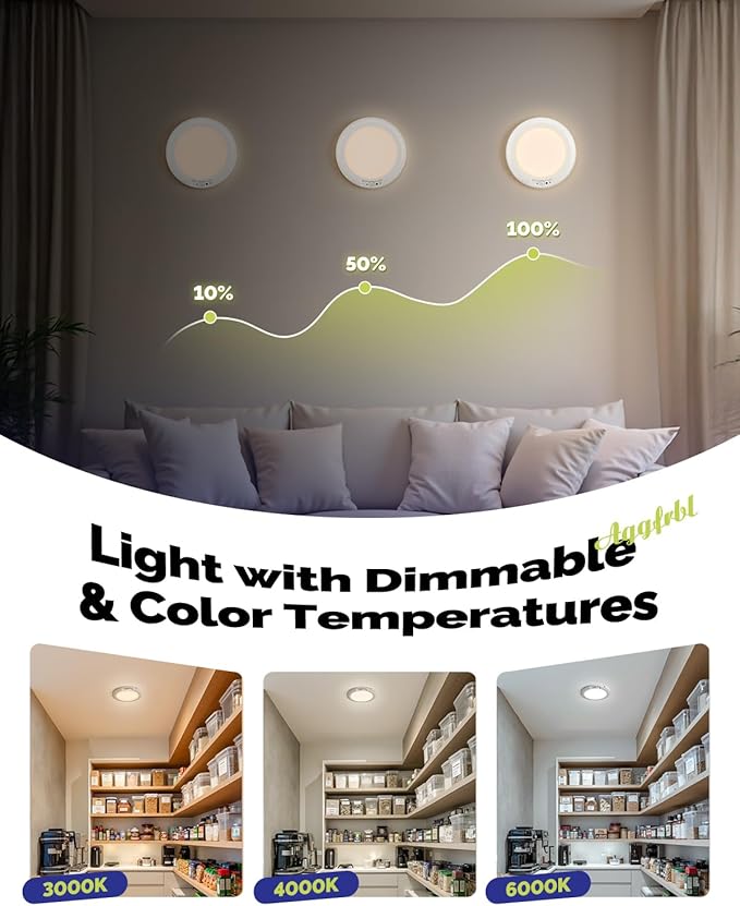 4PCs 10,000mAh Rechargeable Ceiling Light with Remote, Wireless Waterproof Shower Lights 3000K/4000K/6000K, Battery Powered Light for Closet Battery Operated, Motion Sensor Lights No Wiring