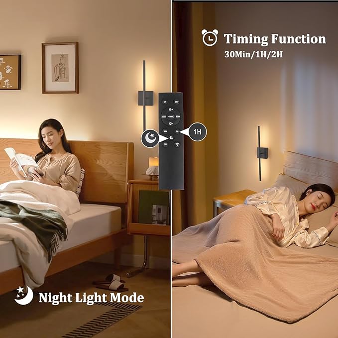 Shenmoyl Battery Operated Wall Sconce Set of 2, 10400mAh Rechargeable Wall Lights, 3000K-6000K Dimmable, 350°Rotate, Indoor Wall Sconces with Remote for Bedroom Living Room Bathroom, Black, 31.5 Inch