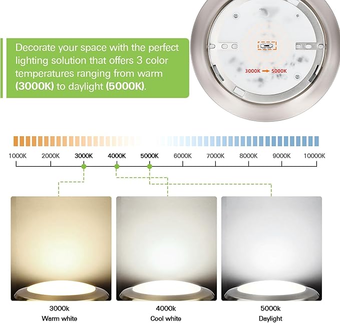 5/6 Inch Selectable CCT LED Disk Light Flush Mount, 3000K/4000K/5000K, Dimmable Recessed Retrofit Ceiling Light, CRI90, 1050lm, 15W, Installs Into Junction Box or Recessed Can, Brushed Nickel,12 Pack