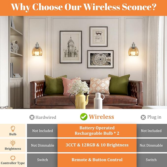 Rechargeable Battery Operated Wall Sconce Set of Two with Amber Glass Lampshade, Wireless Wall Scone Decor with Remote Control, 15 Colors Brushed Nickle Wall Light for Bedside Hallway Bedroom Doorway