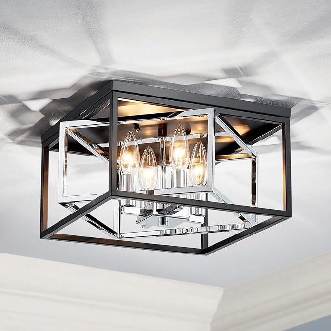 AGV LIGHTING CL035S Modern Flush Mount Ceiling Light Fixture, Square Ceiling Light, E12 Base 3-Lights, L12 x W12 x H7, Matte Black & Chrome Finish