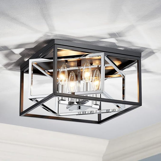 AGV LIGHTING CL035S Modern Flush Mount Ceiling Light Fixture, Square Ceiling Light, E12 Base 3-Lights, L12 x W12 x H7, Matte Black & Chrome Finish