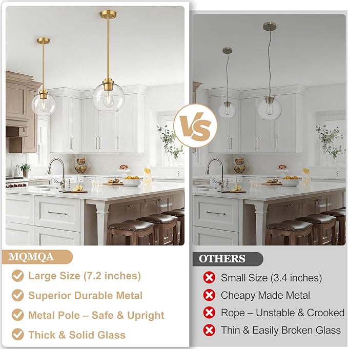 1 Pack 7.2-Inch Globe Pendant Lights, Mid Century Gold Pendant Light Fixtures, Globe Pendant Lights Kitchen Island with Milk Glass Shade Adjustable Hanging Fixture for Dining Room (Bulbs not Included)