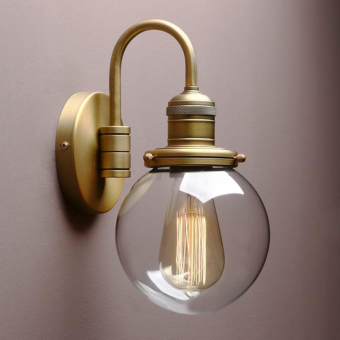 Yosoan 1-Light Brass Modern Vintage Indoor Wall Sconce, Vanity Single Luxury Hardwired Retro Textured Clear Round Globe Glass Shade with Industrial Curved Rod Bathroom Lamp(Antique)