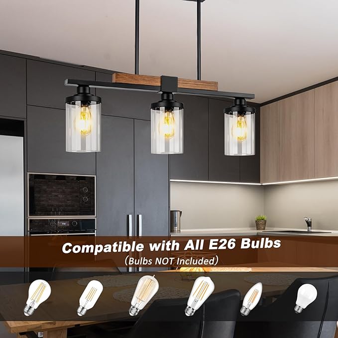 VenzBlomia Black Kitchen Island Lighting Fixture, 3-Light Farmhouse Dining Room Chandelier Over Table, Large Pendant Light Ceiling Hanging, Modern Dining Table Light with Adjustable Height