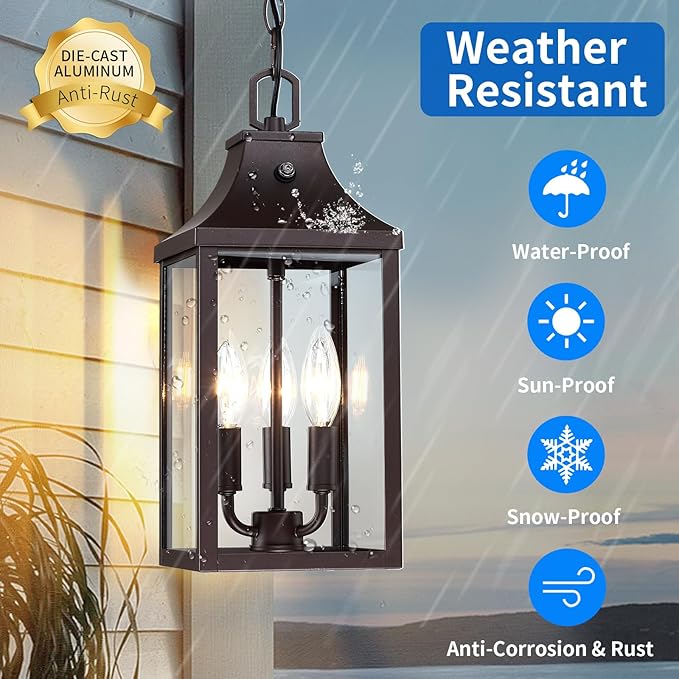 15.5'' Large Outdoor Pendant Light Fixtures 3-Light, Dusk to Dawn Exterior Hanging Lantern Porch Light Adjustable, Brown Hanging Lamp Farmhouse Exterior Chandelier Ceiling Mount for Entrance Patio