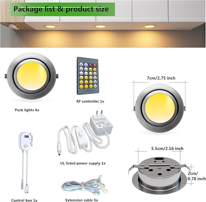 Smart Puck Lights LED Under Cabinet Lighting 2700k-6500k Dimmable Works with Alexa,Google Home,APP & Remote,12V,2W/pc,Recessed Kitchen Lamp Plug In for Counter,Display Shelf,2.5Inch Cutout,6pcs,Sliver
