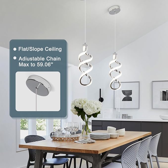 Modern Led Pendant Light Fixture, 15W Chrome Spiral Led Chandelier Hanging Lamp, 3000K-6000K, Dimmable Pendant Lamp, Adjustable Height Pendant Light for Kitchen Island Dining Room Bedroom Cafe