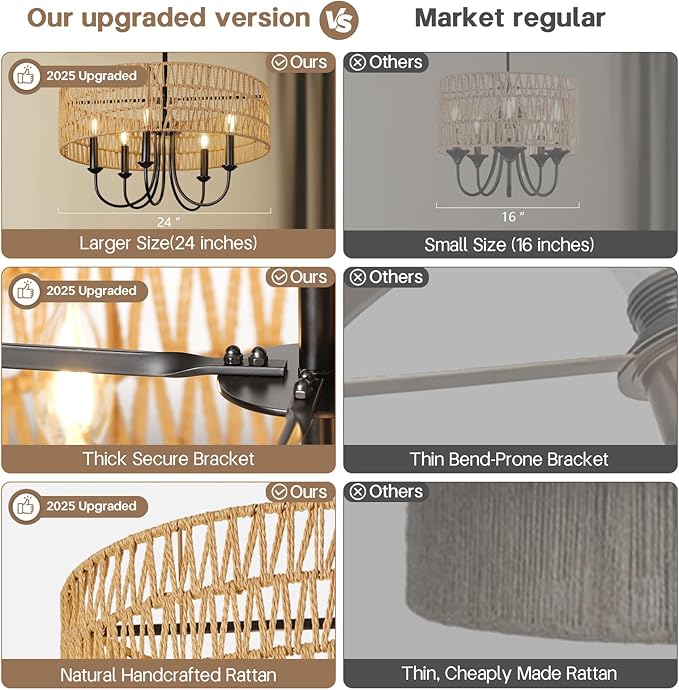 24 Inch Farmhouse Rattan Chandelier, Hand-Woven Boho Pendant Light Fixture with Black Metal Frame, Rustic Hanging Ceiling Lighting for Dining Room, Kitchen Island, Living Room, Bedroom
