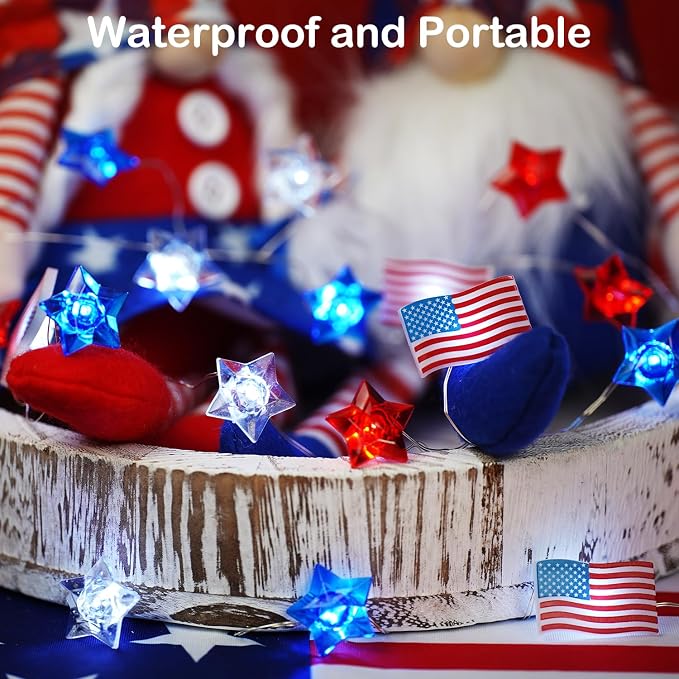 BOHON 4th of July Decorations Battery Operated String Lights 13 ft 40 LEDs | Red White and Blue Star American Flag Lights for Home Patriotic Memorial Independence Day Fourth of July Decor with Timer