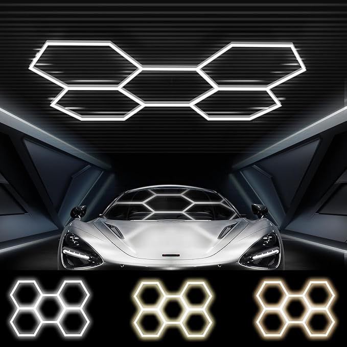 FERUERW Hexagon Garage Lights 5 Grid, 3 Color Temperature(2700/4300/6500K) Dimmable, 5 Hex Grid for Garage, Shop, Basement, Car Detailing Shop etc. with Mounting Clip