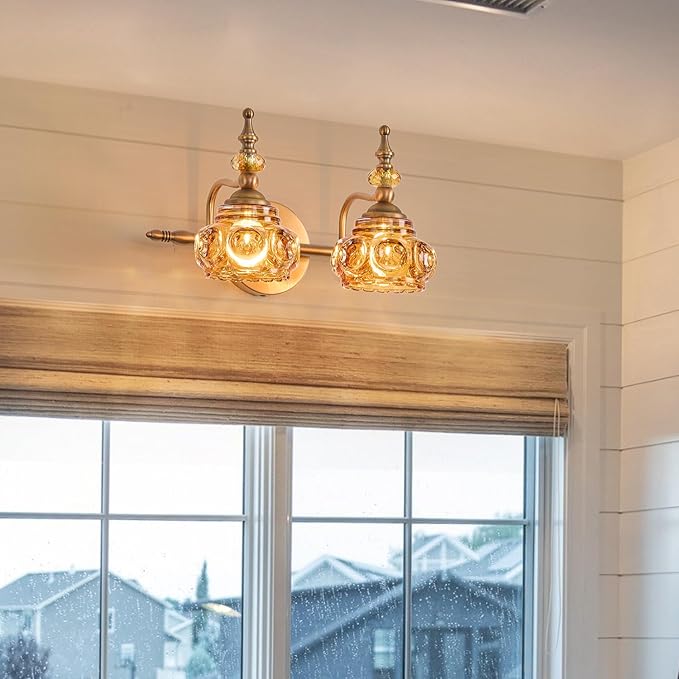 Vintage 2-Light Bathroom Lighting Amber Rose Vanity Light Fixtures Wall Sconce with Crystal Glass Shade Rust-Proof and Durable for Bedroom Living Room Hallway