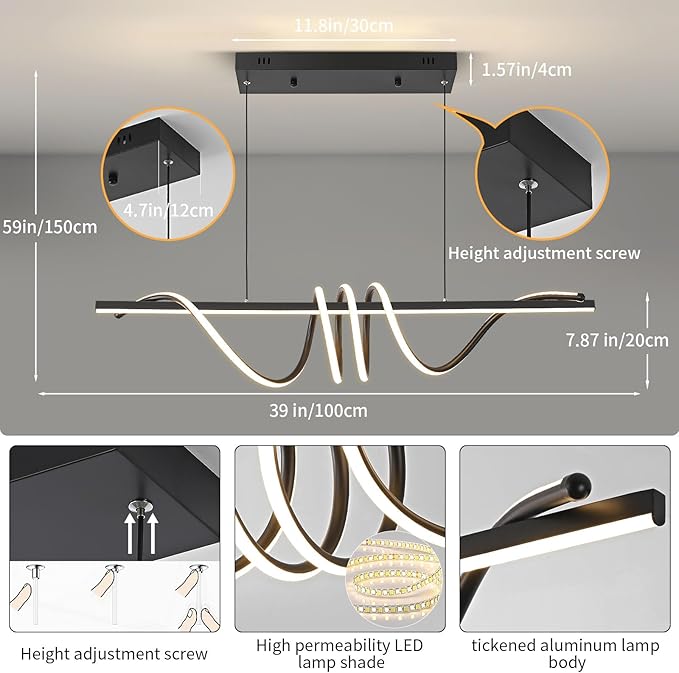 LED Pendant Lights, 3300k-6500K Adjustable Color Temperature Hanging Pendant Lighting, 39.37" Chandelier Dimmable with Remote Control, Aluminum Island Lighting Lamp Fixture