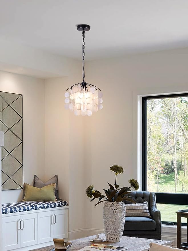 Capiz Shell Pendant Light, 12.6” Black Coastal Hanging Chandelier, Adjustable Height up to 51”, E26 Hardwired Ceiling Light for Living Room, Home Office, Bedroom, Boutique