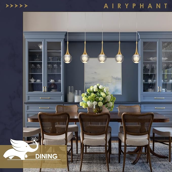 5 Lights Rectangular Gold Crystal Pendant Lights for Kitchen Island Remote Control Dimmable Light Modern Teardrop Chandeliers Lighting Fixtures for Dining Room Living Room