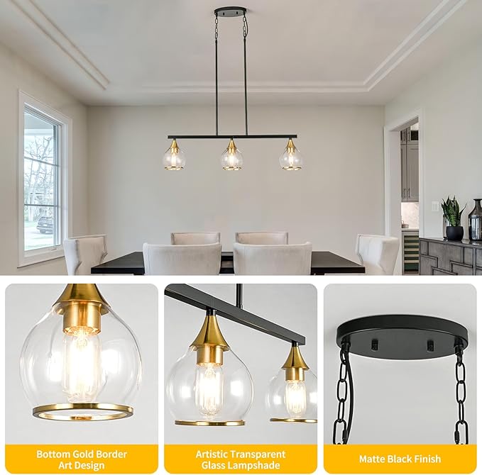 Island Light for Kitchen, 3-Light Black and Gold Kitchen Island Farmhouse Linear Hanging Pendant Chandeliers, Matte Black Dining Room Light Fixture Over Table with Clear Round Glass Shades