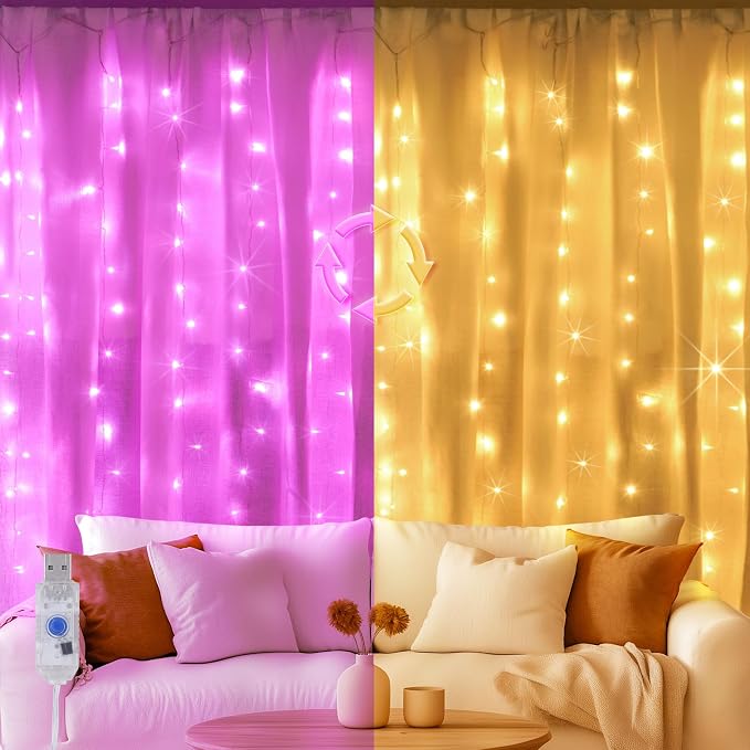 Color Changing Curtain Lights, Pink Room Decor 8 Modes LED String Lights for Garden, Teen Girls' Room, Party, Window, Wall, Valentines Day and Christmas Decor(Warm White and Pink)