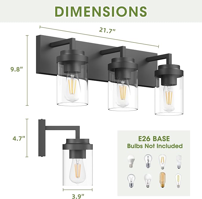Espird Bathroom Vanity Light, 3 Light Matte Black Vanity Lights with Clear Glass Shade, 22in Modern Wall Sconces, Bathroom Lighting Fixtures Over Mirror for Living Room
