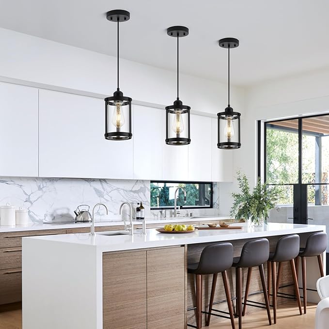 Black Pendant Lights Kitchen Island, 1-Light Modern Mini Hanging Light Fixtures with Clear Glass, Farmhouse Kitchen Pendant Lighting Over Island for Sink Dining Room, OS-3014-1PBK