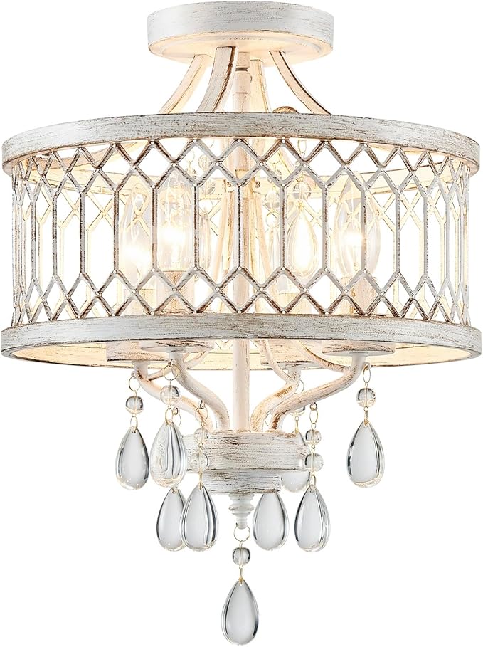 Crystal Ceiling Light Fixture, Modern Semi Flush Mount Ceiling Light, Farmhouse Crystal Chandeliers for Dining Room Light Fixture, Hallway Lighting Fixtures for Kitchen Bedroom Bathroom Foyer Entryway