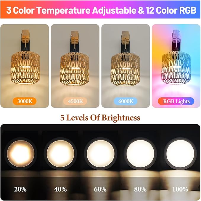 Boho Battery Operated Wall Sconce Set of Two, Rattan Rechargeable Wall Sconces with Remote,Wireless Sconces Set of 2 for Bedroom,Living Room,Entryway 15 Colors Dimmable-Black