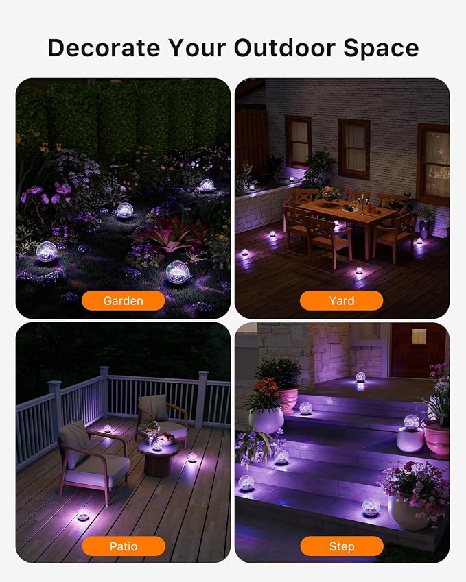 4 Pack Multicolor Solar Powered Cracked Glass Ball Lights Outdoor Waterproof LED RGB Ambiance Orbs Lamps for Outside Garden, Patio, Table, Walkway, Stairs, Lawn, Landscape Decor with Durable Stakes