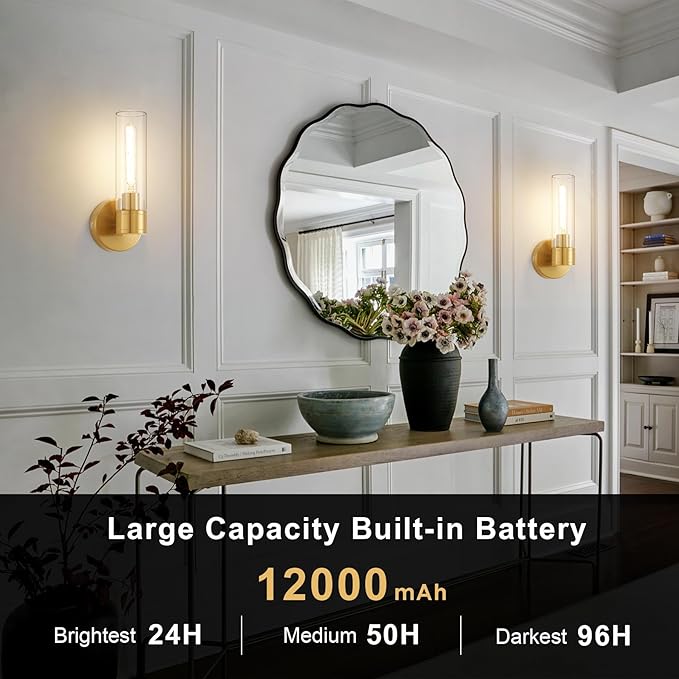 Brushed Gold Wireless Wall Sconce Set of 2, 12000 mAh Battery Operated Wall Lights with Remote Control, Rechargeable Dimmable Wall Lamps for Bedroom Bathroom Living Room Hallway Stairwell, 3000K