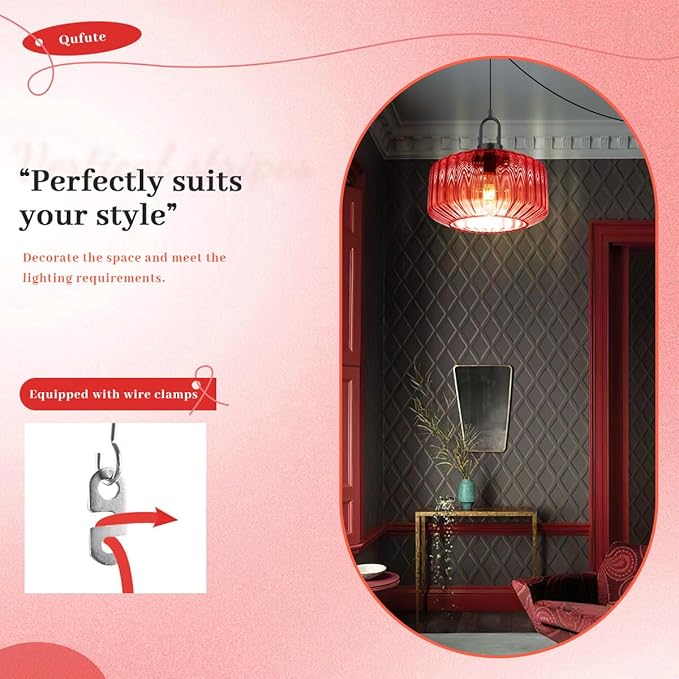 Hanging Plug in Light Mid Century Pendant Light with 11" Red Striped Glass Globe Shade Plug in Pendant Lights for Ceiling Bedroom Vintage Hanging Lamp with 14.7 ft Cord On/Off Switch