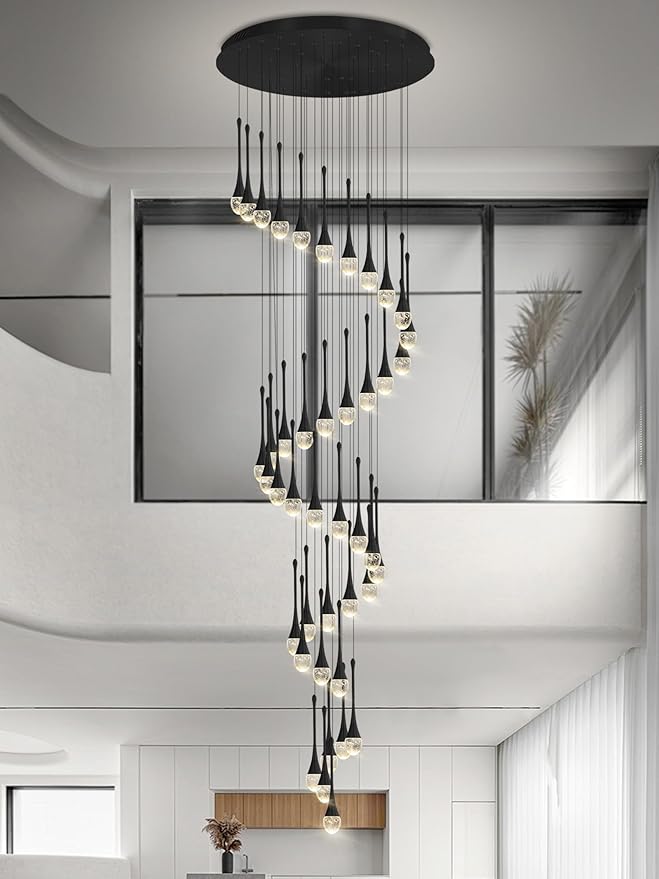 ykolupty Staircase Chandelier 42-Lights Crystal Ceiling Lights Adjustable Length 197inches Large Chandeliers for High Ceilings, Entryway Lighting Fixture Black