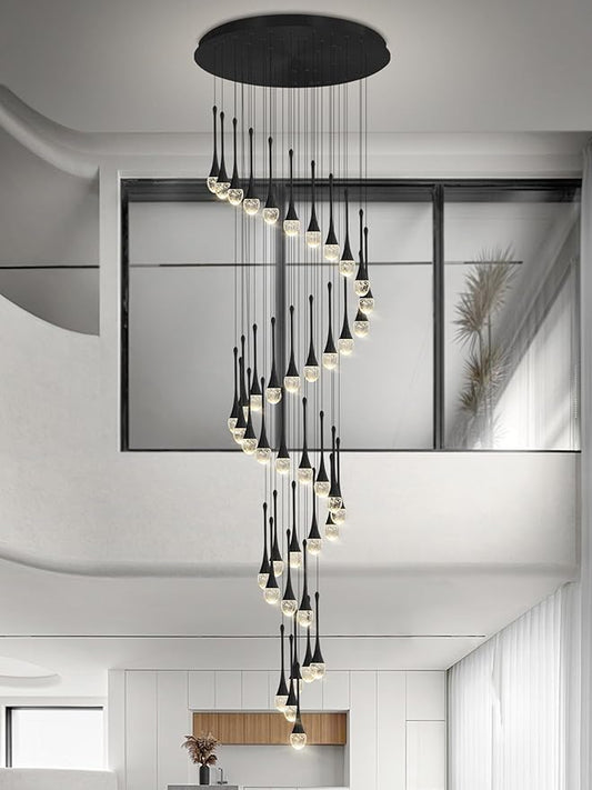 ykolupty Staircase Chandelier 42-Lights Crystal Ceiling Lights Adjustable Length 197inches Large Chandeliers for High Ceilings, Entryway Lighting Fixture Black