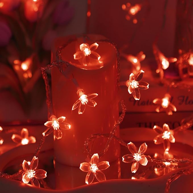 Battery & USB Operated 10ft Red Cherry Blossom Flower Fairy Lights String | Cute Flower String Lights With Timer For Bedroom, Party, Wedding, Christmas, Easter Tree Branch Hanging Romantic Decorations