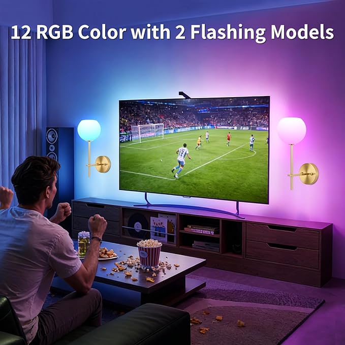 Gold Battery Operated Wall Sconces Set of 2, Wireless Rechargeable Wall Light Fixtures for Home Decor, 12 RGB and 3CCT Dimmable Wall Lamps with Remote for Bedroom Living Room Hallway