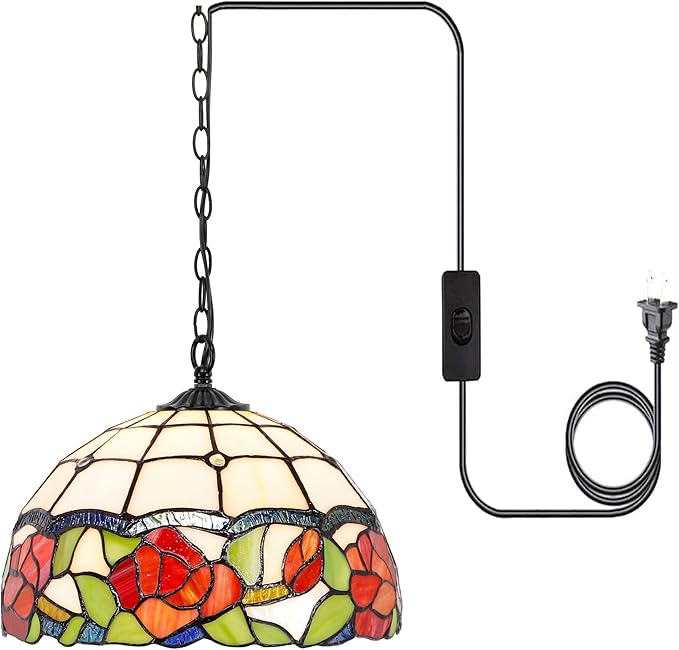Tiffany Pendant Light Plug in Stained Glass Hanging Lamp Wide 12 Inch, Chain 33 Inch, Cord 15 Feet -Rose Flower Style