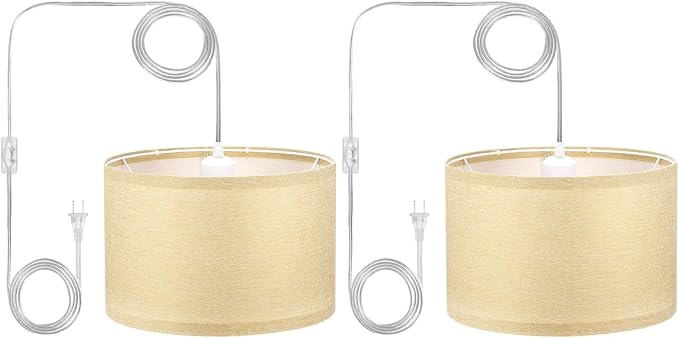PATIKIL Plug in Pendant Light, 2 Pack 15Ft Rope Cord Hanging Lamp Fixture with ON/Off Switch, Linen Fabric Shade E26/E27 Bulb Socket for Bedroom Kitchen Living Room, Linen