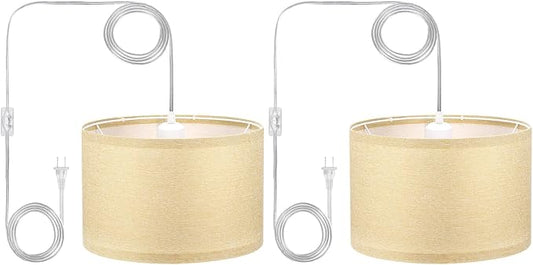 PATIKIL Plug in Pendant Light, 2 Pack 15Ft Rope Cord Hanging Lamp Fixture with ON/Off Switch, Linen Fabric Shade E26/E27 Bulb Socket for Bedroom Kitchen Living Room, Linen