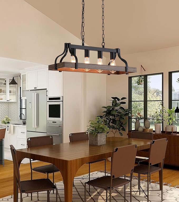MEIXISUE Rustic Kitchen Island Dining Room Light Fixture Farmhouse Linear Chandelier Black and Retro Wood Finish 4-Light Industrial Metal Hanging Pendant Light UL Listed L28.3 W10.6