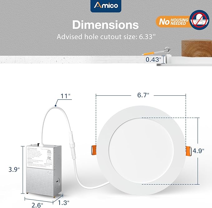 Amico 48 Pack 6 Inch 5CCT Ultra-Thin LED Recessed Ceiling Light with Metal Junction Box, 2700K-5000K Selectable, 12W Eqv 110W, Dimmable Canless Wafer Downlight with Plastic Trim, 1050 Lumens -ETL&FCC